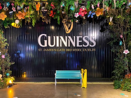 Wall with Guinness logo surrounded by decorations such as flowers and bees, a harp and a blue