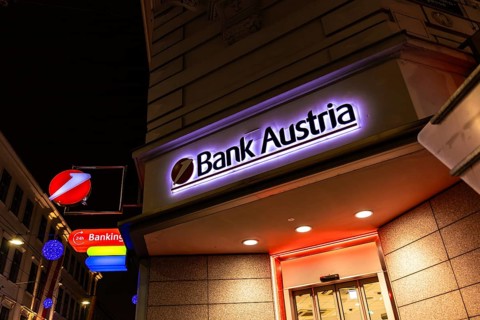 Vienna, Austria - 15 December, 2025: A illuminated sign of Bank Austria in Vienna, Austria. The