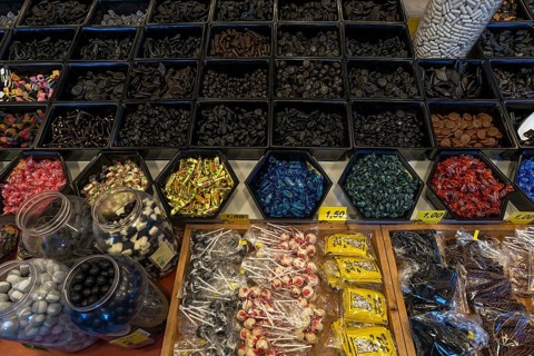 Different types of licorice at a weekly market market, Enschede, the Netherlands