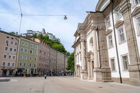 Kajetanerplatz with Kajetanerkirche, behind Hohensalzburg Fortress, Old Town, Salzburg, Austria