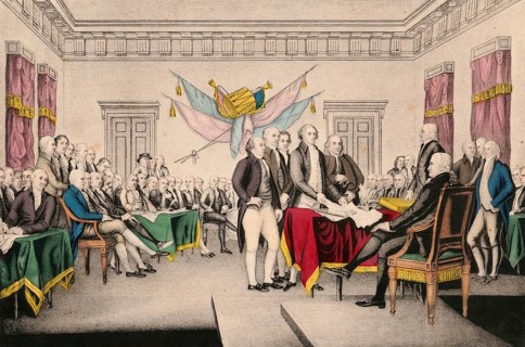 Lithograph titled The Declaration of Independence, July 4th 1776. The depiction dates back to the