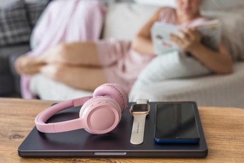 A cozy living room scene with a young woman reading a book. On a wooden table, there are pink