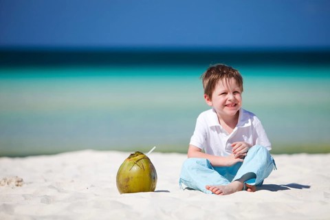 A young boy sitting on the beach with a coconut, Seychelles, La Digue, La Digue, Indian Ocean,