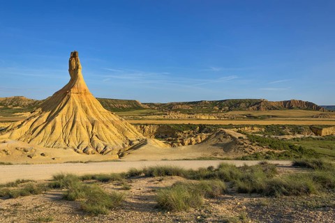 The Castil de Tierra monolith in the morning sun in the Bardenas Reales Natural Park, Navarra,