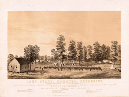 Camp Ready, Hamburg, Tennessee, June 1862. Tent and barrack camp near the scene of the historic