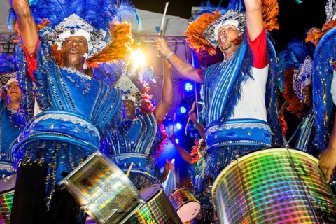 Brazilian samba band in the International Carnival Seychelles, in Victoria, Mahe, Republic of