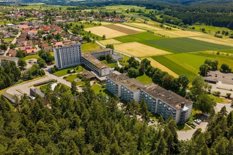 Residential building landscape with surrounding forests and vast fields, Wart, Altensteig, Germany