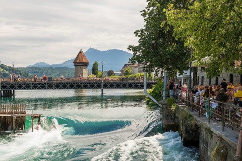 Restaurant on the Reuss, Chapel Bridge and Old Town, Lucerne, Lake Lucerne, Canton of Lucerne,