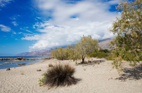 Beach in Frangokastello on the Libyan Sea, in the back the Leka Ori or White Mountains, Sfakia