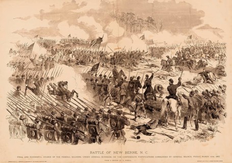 This historical illustration depicts the decisive assault by Union troops under General Ambrose