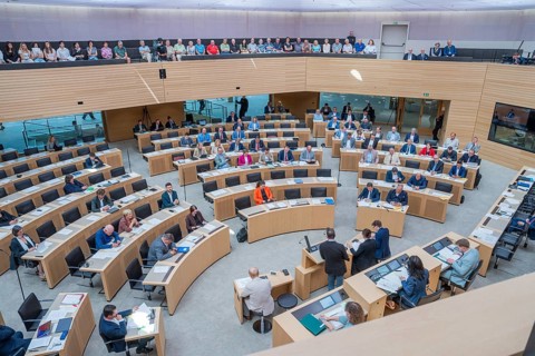Parliamentary Assembly in meeting room with numerous participants, State Parliament of
