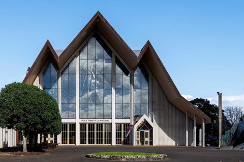 Holy Trinity Cathedral, Auckland, with dramatic angular modernist facade, large glazed gable