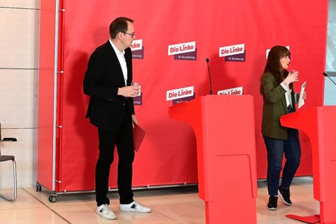 Heidi Reichinnek and Sören Pellmann following their Tuesday statement from the Left Group in the