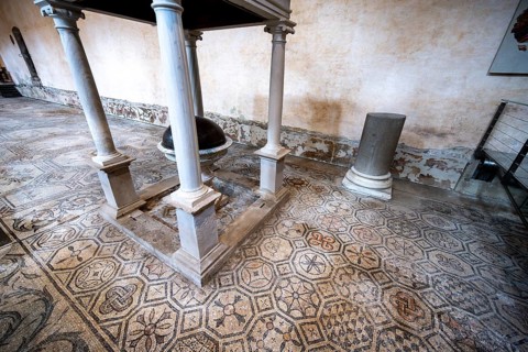 Baptismal font, detailed floor mosaic with geometric patterns, Basilica di Santa Maria Assunta,