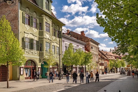 Strada Nicolae Balcescu pedestrian zone and shopping street in Sibiu or Sibiu, Transylvania,