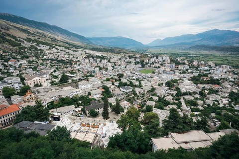 GJIROKASTER, ALBANIA - JUNE 30, 2026: Panoramic aerial view of the historic town of Gjirokaster