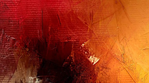 Professional abstract oil painting fragment featuring intense scarlet and crimson hues mixed with