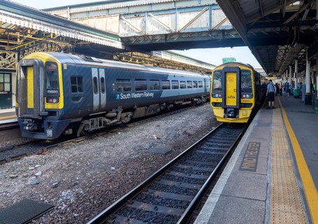 GWR and South Western Railway trains at Exeter St David's railway station, Devon, England, UK