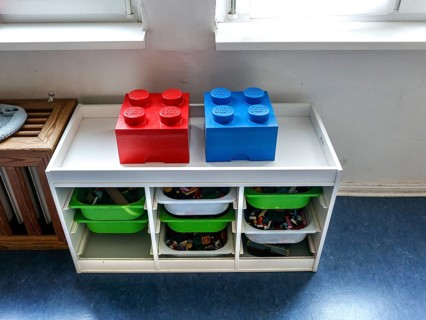 Large Lego bricks in the group room of a daycare center, Berlin, 11.08.2026, Germany