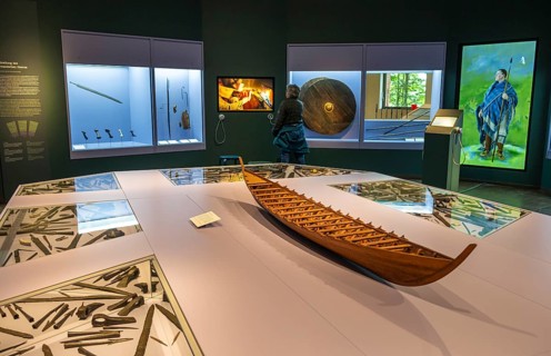 Exhibition room with galley and showcases, Varus Battle Roman Museum Kalkriese, Bramsche, Lower