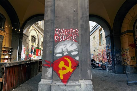 Graffiti with hammer and sickle at university building, Communist Party, Naples, Campania, Italy
