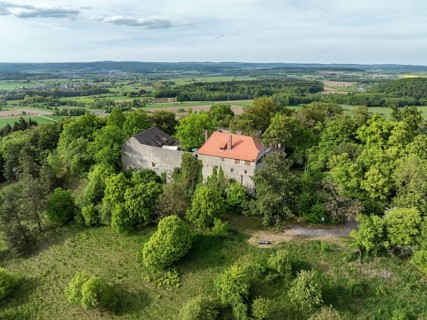 Aerial view of Friedingen Castle, Friedinger Schlössle, or Hohenfriedingen in Hegau, Konstanz