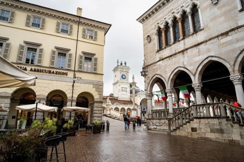 Loggia del Lionello and Loggia e Tempietto di San Giovanni with clock tower, old town, Udine,
