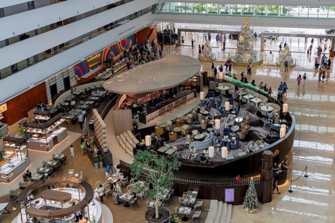 Elevated view of the open bar and foyer at Marina Bay Sands hotel and integrated resort Singapore