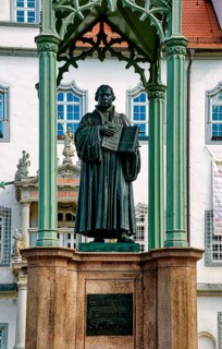Market square with town hall, Luther monument by Johann Gottfried Schadow, Luther city Wittenberg,