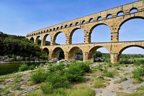 Roman aqueduct of the Pont du Gard, on the Gardon river, UNESCO World Heritage Site,