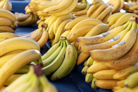 Stacks of ripe yellow bananas in bunches on display at a market, creating a vibrant tropical