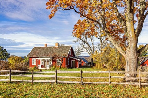 Picturesque rural scene with red wooden cottage, fenced garden and autumn leaves on deciduous trees
