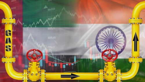 Gas exports from the United Arab Emirates to India on financial chart background. Emirati gas