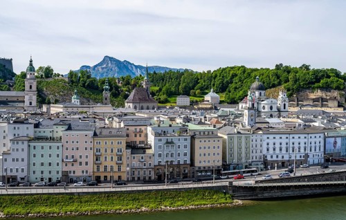 City view with churches and river Salzach, view of the city of Salzburg from Kapuzinerberg,