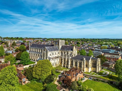 Winchester Cathedral from a drone, Winchester, Hampshire, England, United Kingdom