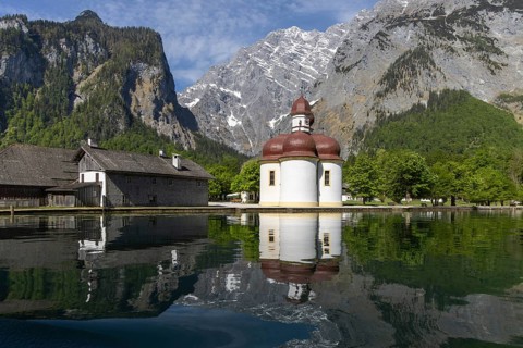 Boat trip on Lake Königssee with a view of St. Bartholomä, Berchtesgaden National Park, Germany