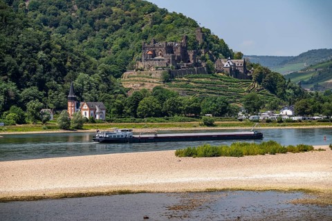 Reichenstein Castle, Burghotel, on the Rhine, St. Clemens Basilica on the left, Clement's Chapel,