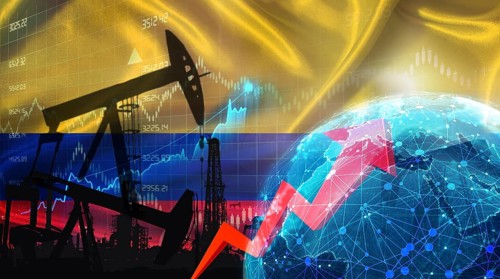 Global oil growth with Colombian flag. International oil exports with Colombia flag on the economic