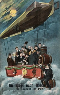Historical postcard showing a humorous depiction of a party in an airship, Oldenburg,