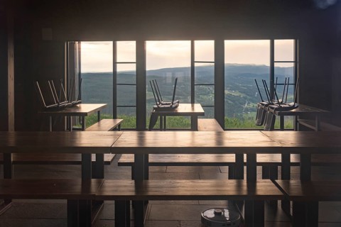 View through the window into Café Utsyn, Gol Ski Center, Hallingdal, Buskerud, Norway