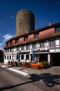 Waldhorn Tower, Gasthaus Laganinin im Waldhorn, half-timbered house, Old Town, Besigheim an der