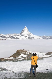 Switzerland, view of the Matterhorn, Zermatt, photographer taking pictures of the Matterhorn,