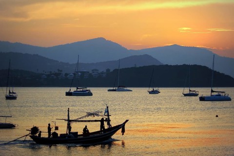 Boats in the evening light off Ko Samui, Kho Samui, Thailand