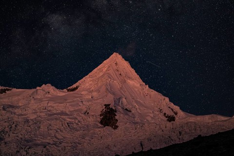 Alpamayo with alpamayo glacier against a starry sky, 5947 m, with the title of most beautiful