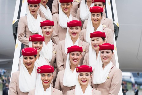 Emirates flight attendants on a tour of the ILA (International Aerospace Exhibition) on 10 June