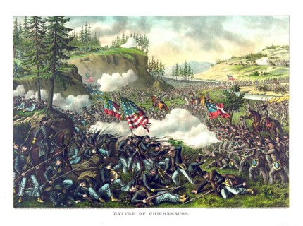 A late 19th-century lithograph by Kurz & Allison depicting the Battle of Chickamauga (18–20