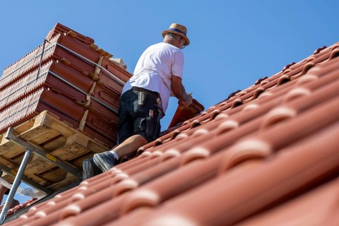 Carpenter or roofer covering a tiled roof in the Palatinate. The temperatures rise to over 35