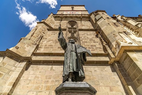 Johannes Honterus monument in front of the Black Church in Brasov or Kronstadt, Transylvania,