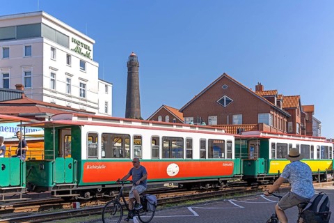 Inselbahn, New Lighthouse, Cyclist, Borzburg, East Frisia, Lower Saxony, Germany
