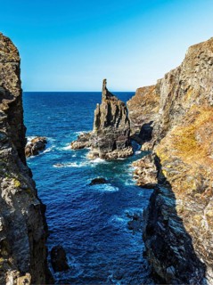 View of cliffs over Gunver Head and Trevone Bay from a drone, Trevone, Padstow, Cornwall, England,